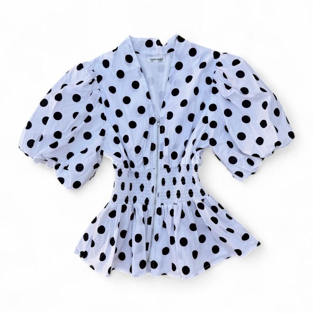 Carole Christian Black And White Polka Dots Blouse With Puffy Sleeves